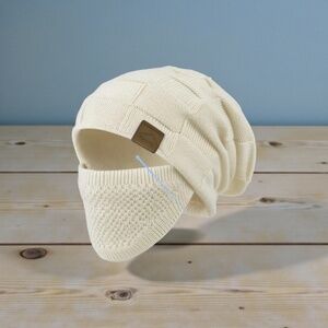 Warm Hat Face Mask Set - Winter Slouchy Beanie - Winter White